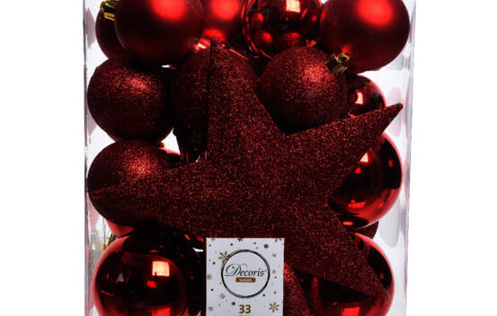 Boule en plastique avec &eacute;toile (Brillant - Paillettes) (Paquet de 33) Rouge No&euml;l